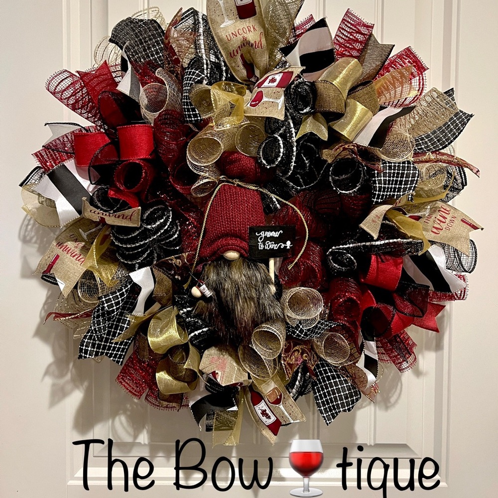 Wine Gnome Ribbon Handmade Wreath 22 inches “Time to wine down” #W1